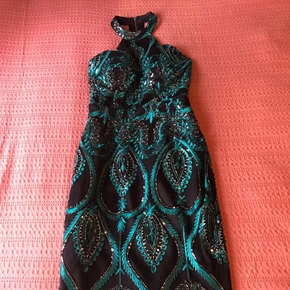 Elle Zeitoune Midi Beaded Evening Dress with Fringe Blue Green Black Gown Size 6 - Picture 2 of 6
